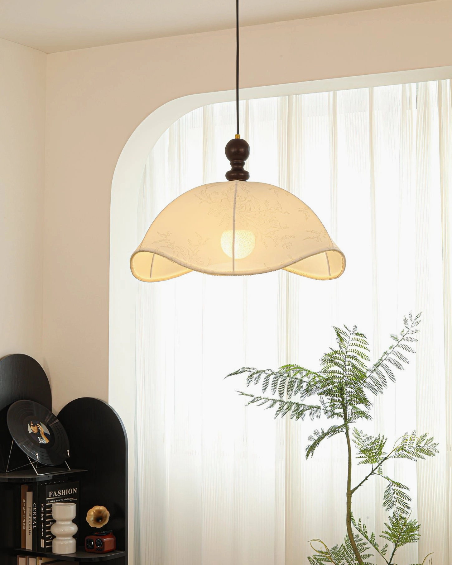 Oriente fabric pendant light low angle view with sheer curtains, bright neutral vintage decor home