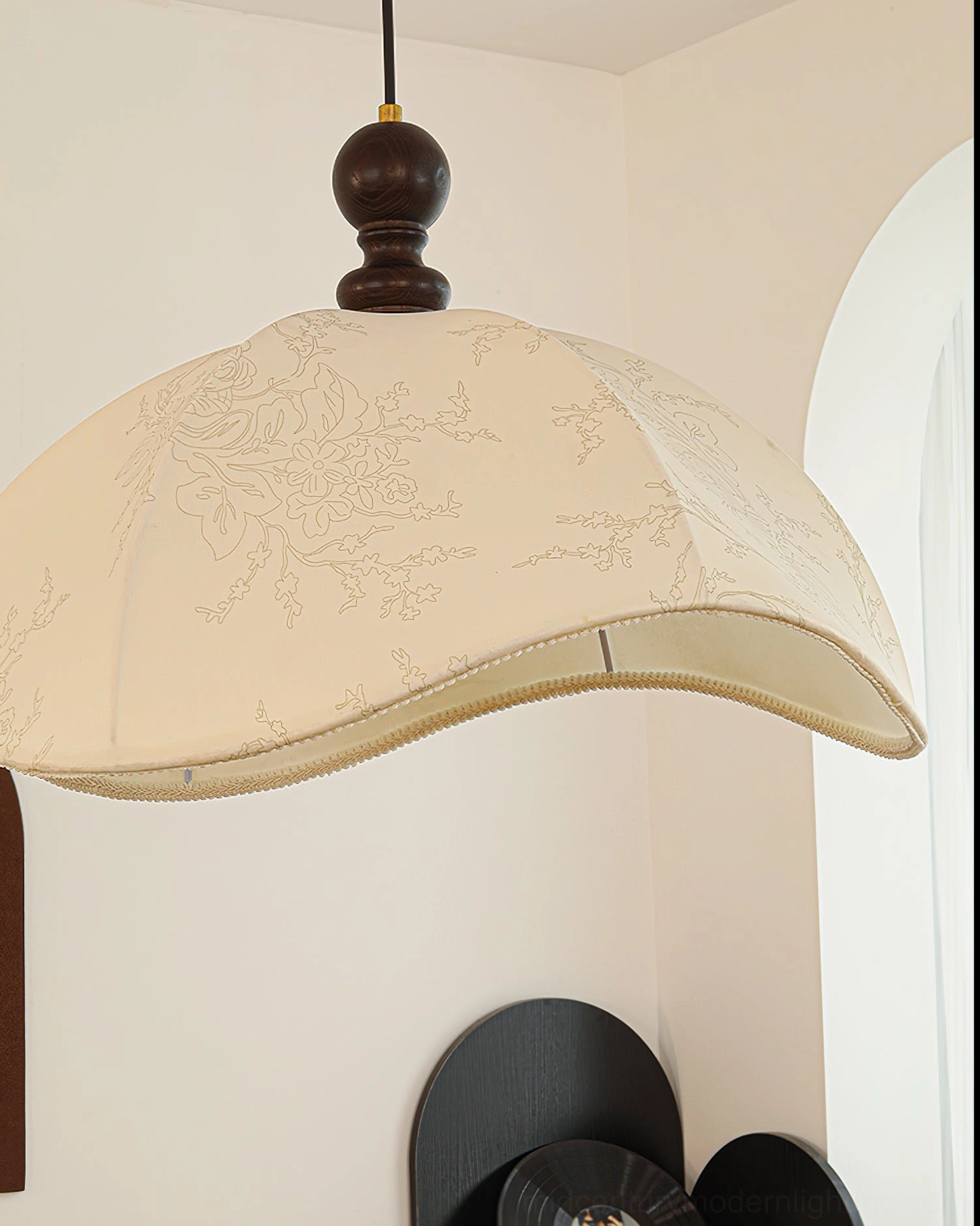 Oriente pendant light fabric shade detail, embossed floral wavy pattern close-up side view