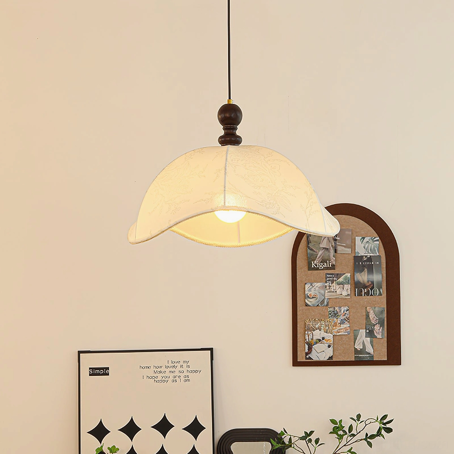 Oriente pendant light walnut wood base and fabric composition detail photography