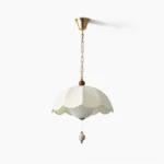 Oriente scalloped fabric pendant light with walnut wood and gold brass hardware, direct frontal view on white background