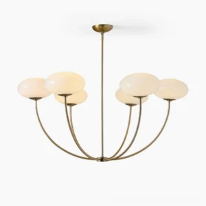 Orillia brass chandelier with opal glass shades front view studio photography