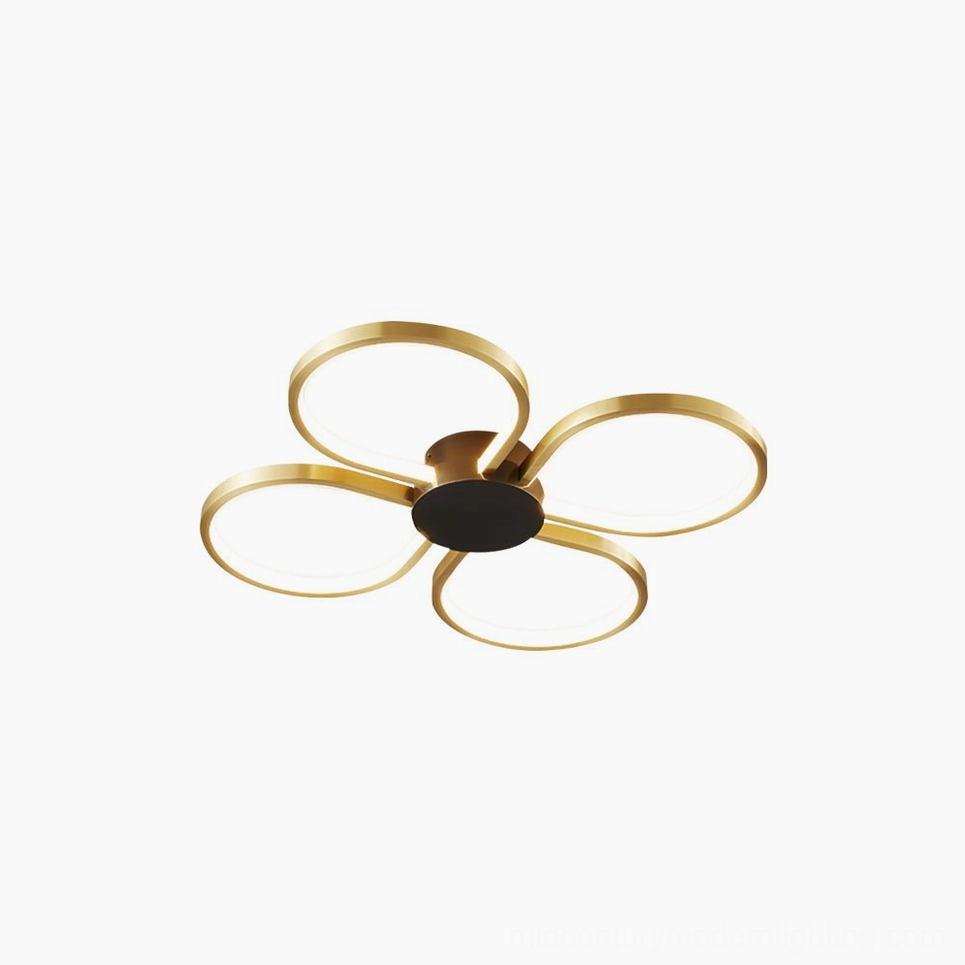 Orion four-leaf clover flush-mount ceiling lamp brass and black detail variant, full product view highlighting contemporary design craftsmanship