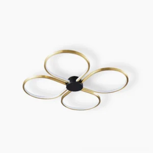 Orion four-leaf clover LED ceiling lamp with brass frame and white acrylic diffuser, front studio view, modern minimalist flush-mount fixture