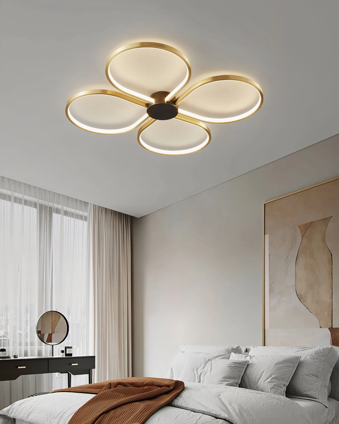 Orion ceiling lamp installed in modern bedroom above vanity desk, warm ambient lighting illuminating neutral interior decor