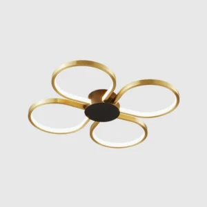 Orion LED ceiling lamp brass and black detail variant, side oblique angle showing matte black base with brass decorative trim
