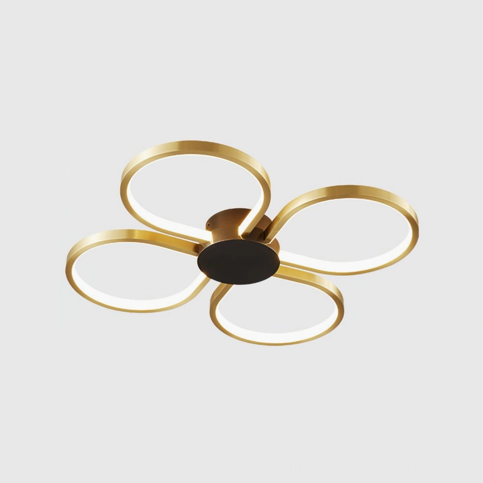 Orion LED ceiling lamp brass and black detail variant, side oblique angle showing matte black base with brass decorative trim