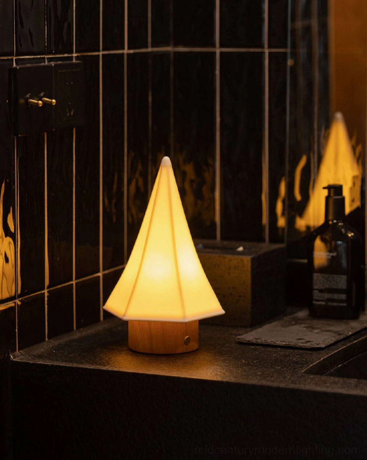 Orlo ceramic table lamp bathroom vanity counter with bath products minimalist spa aesthetic