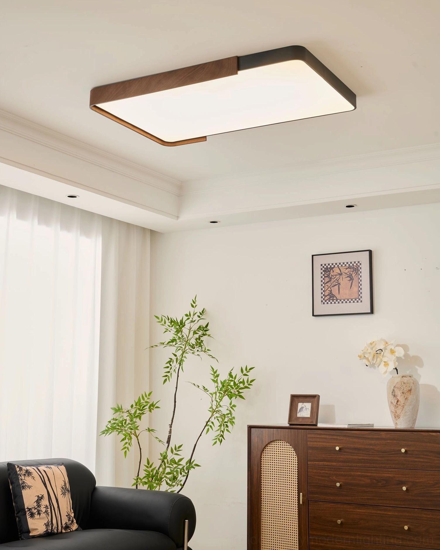 Orren mid-century modern flush mount ceiling light with black metal edge and white acrylic panel