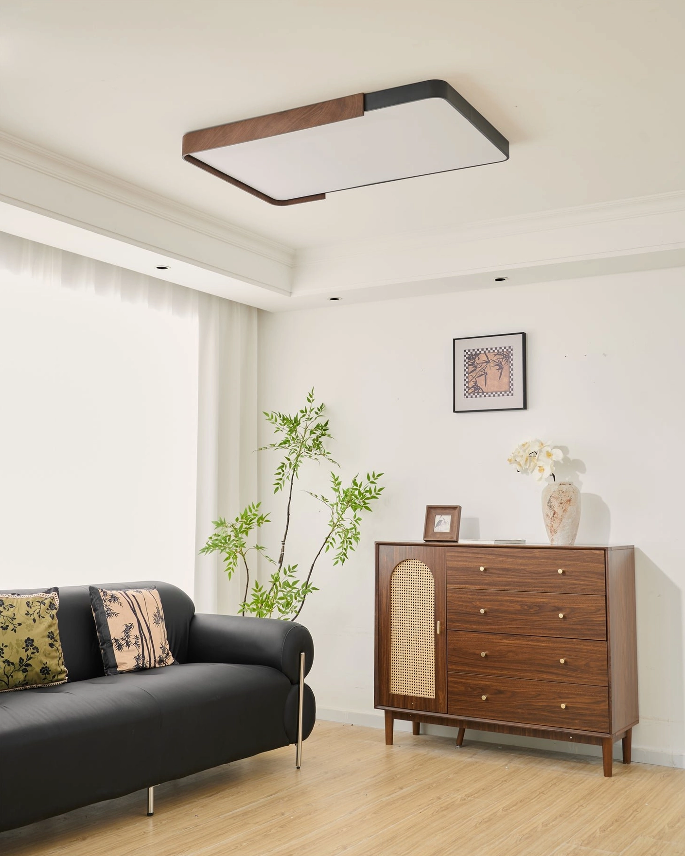 Orren rectangular ceiling light mounted in contemporary interior with clean minimalist decor