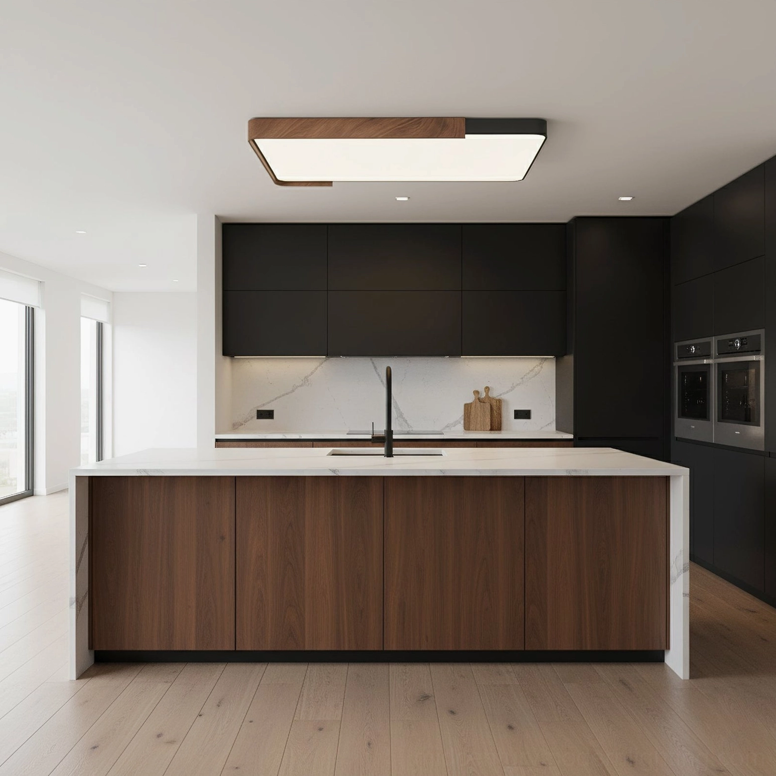 Orren rectangular flush mount ceiling light in dark modern kitchen with central island and minimalist design
