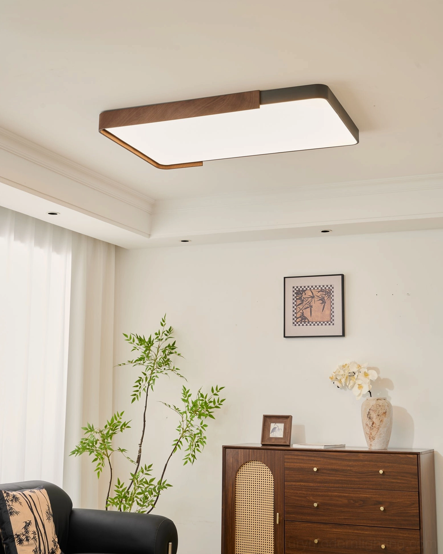Orren warm minimalism ceiling light with matte white diffuser and walnut wood frame detail