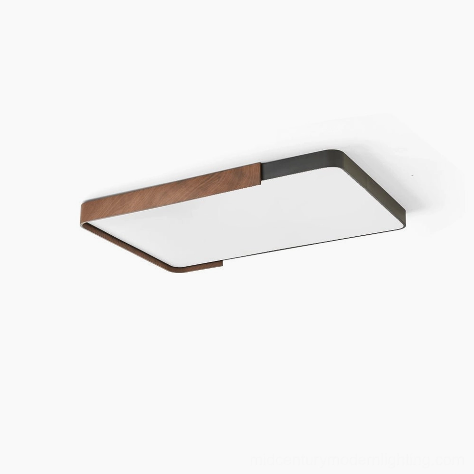 Orren mid-century modern rectangular ceiling light with walnut wood trim and black metal frame on white background