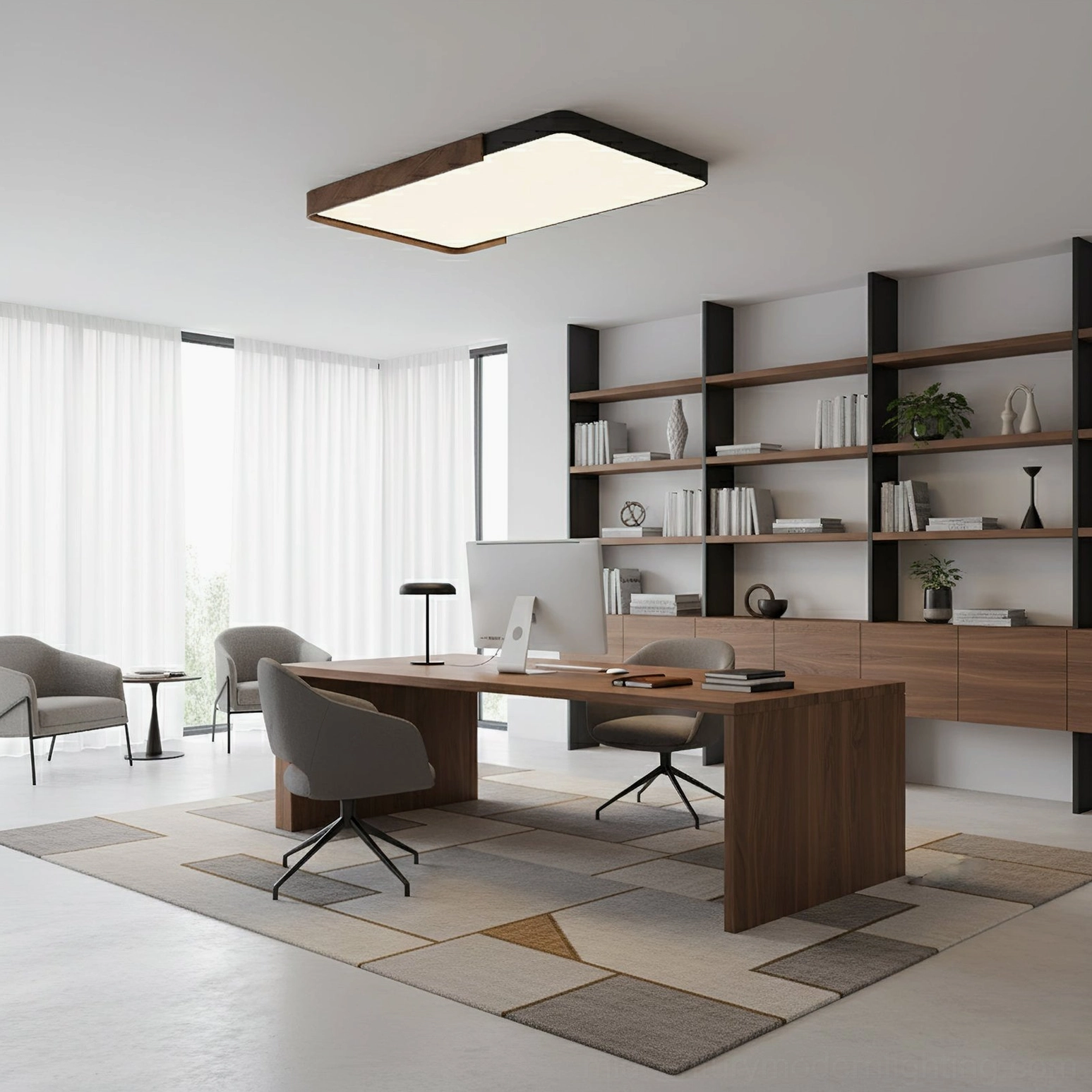 Orren minimalist ceiling light with walnut trim in modern home office with built-in bookshelves
