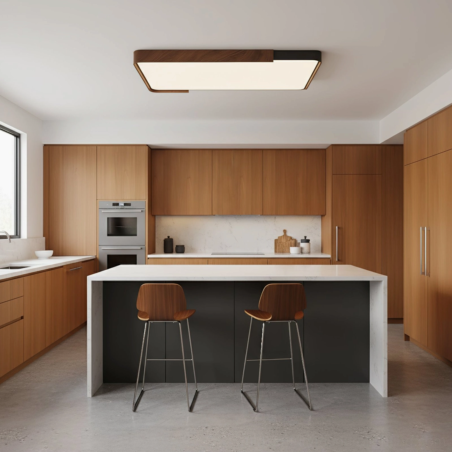 Orren black and walnut ceiling light in warm wooden residential kitchen with cohesive interior style