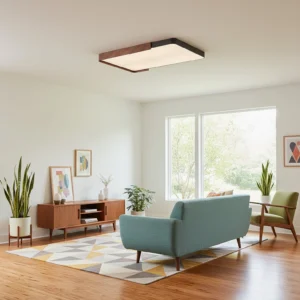 Orren flush mount ceiling light installed in mid-century modern living room with warm ambient lighting and minimalist decor