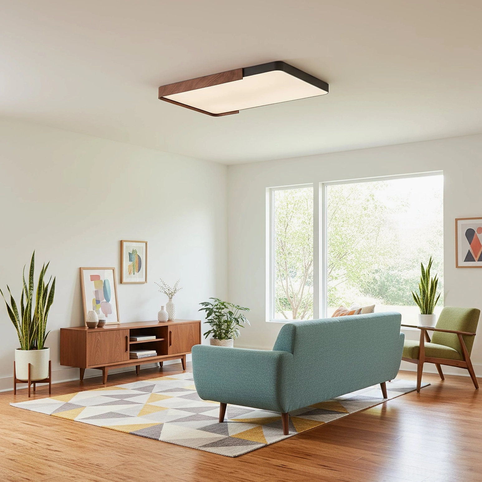 Orren flush mount ceiling light installed in mid-century modern living room with warm ambient lighting and minimalist decor