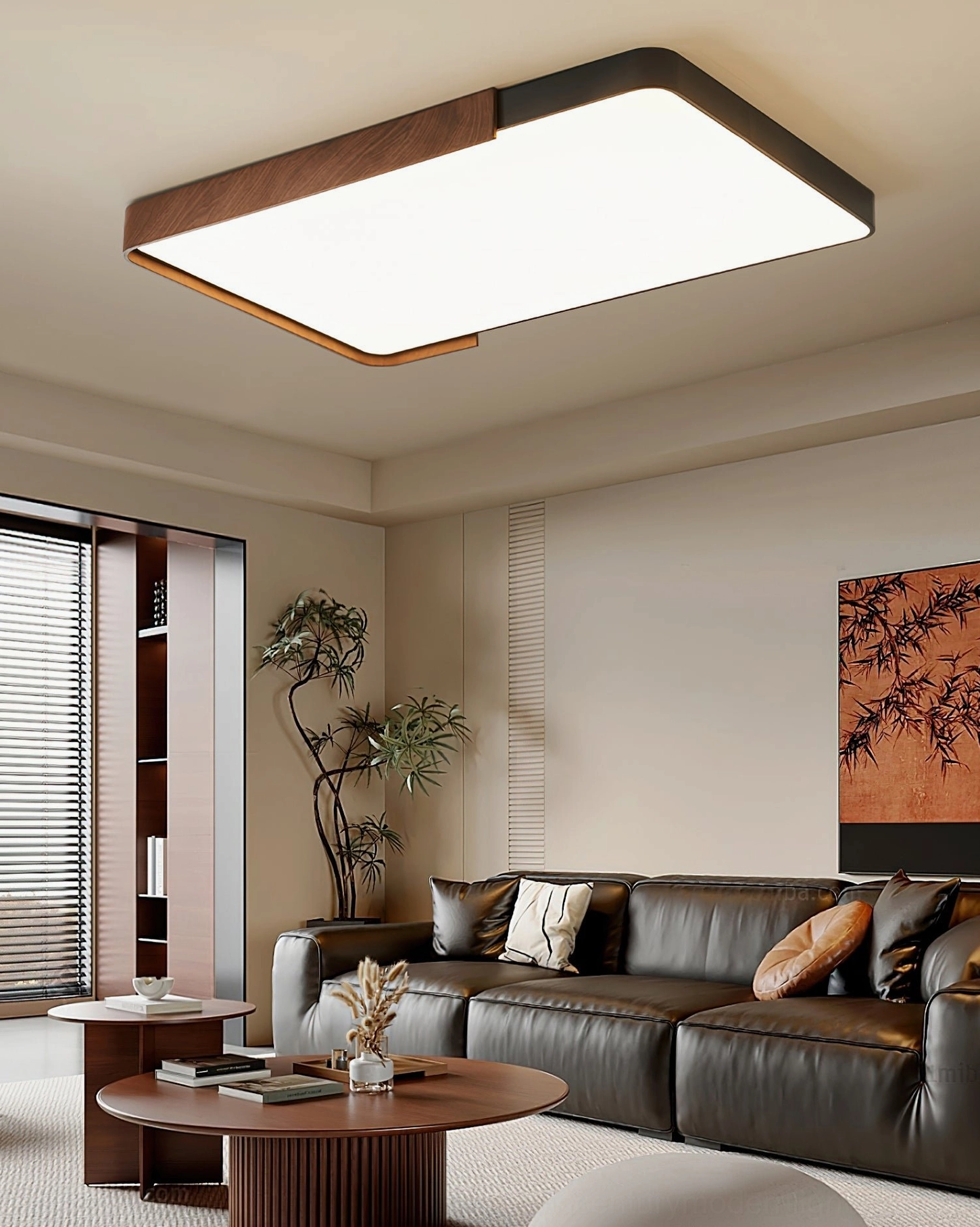 Orren mid-century modern ceiling light in cozy living room with leather sofa and warm ambient glow