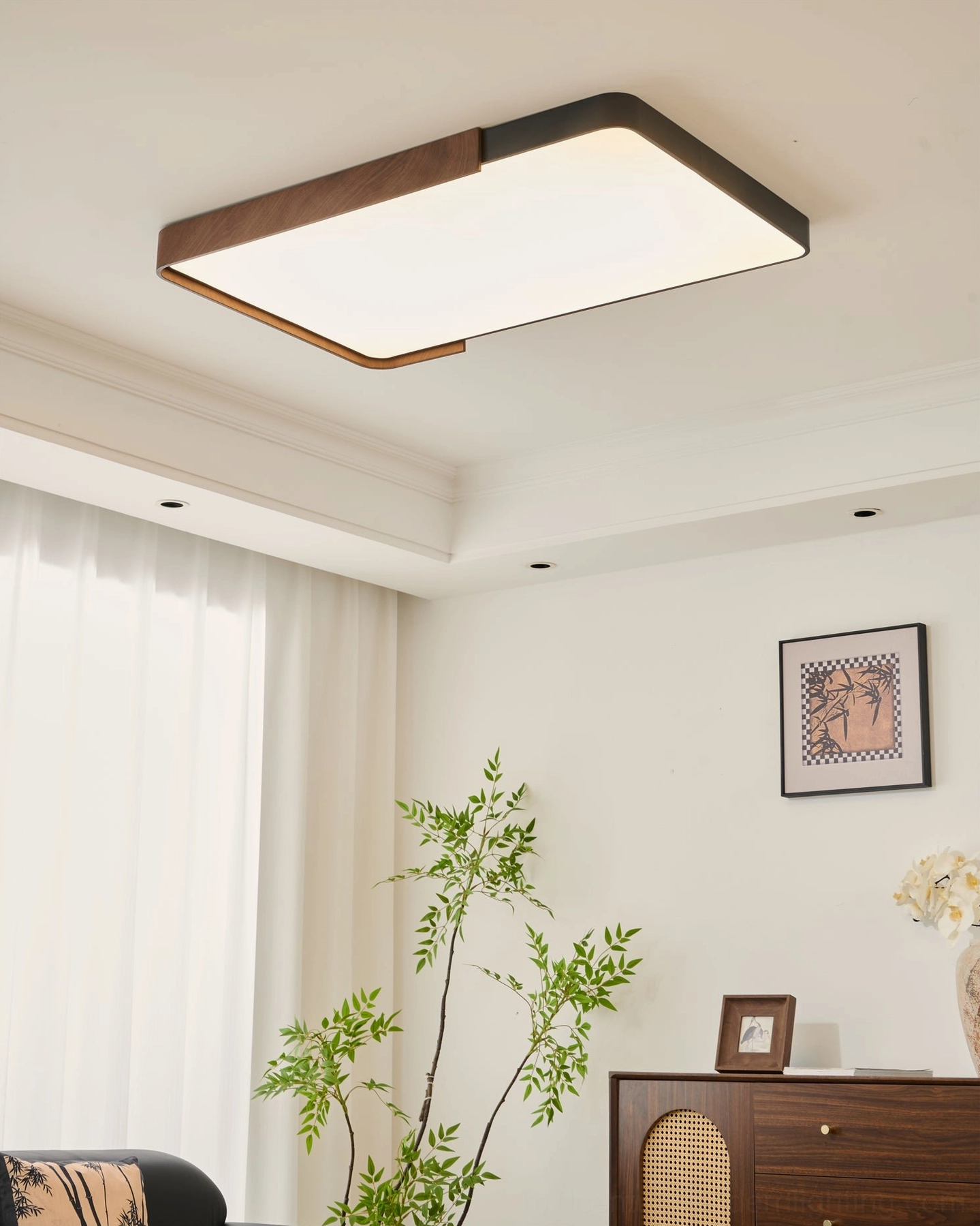 Orren walnut accent ceiling light with soft diffused illumination in minimalist residential space