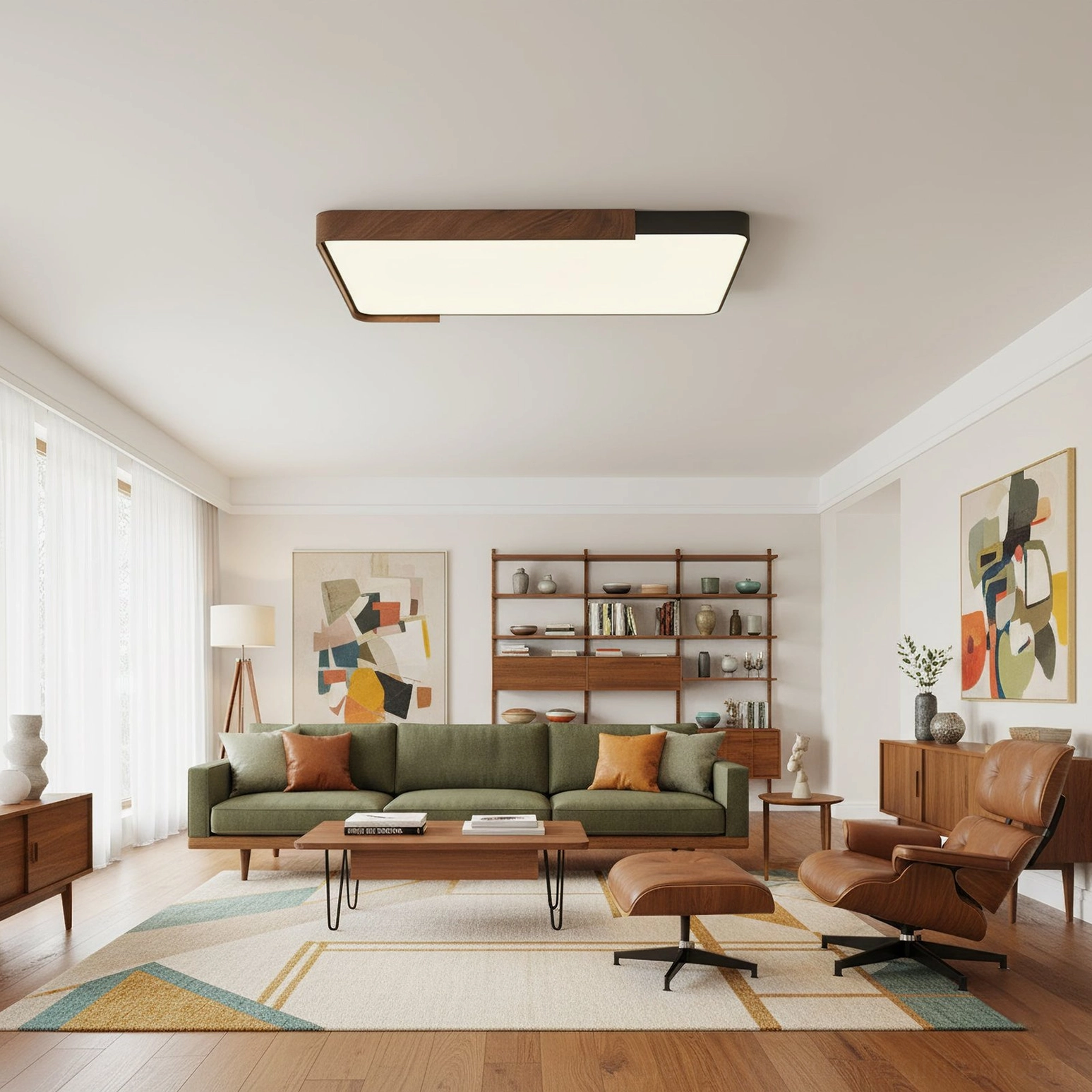 Orren rectangular ceiling light illuminating spacious open living lounge with neutral warm decorative palette