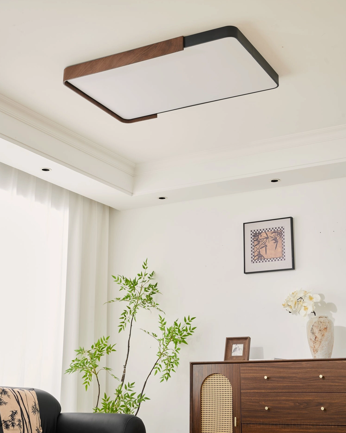 Orren mid-century ceiling light with dual-tone finish in cozy residential living nook upward view