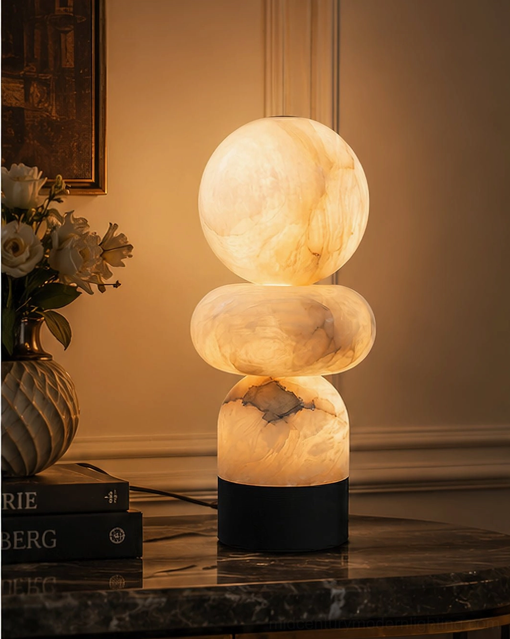 Orso alabaster stacked lamp black metal base and white stone composition