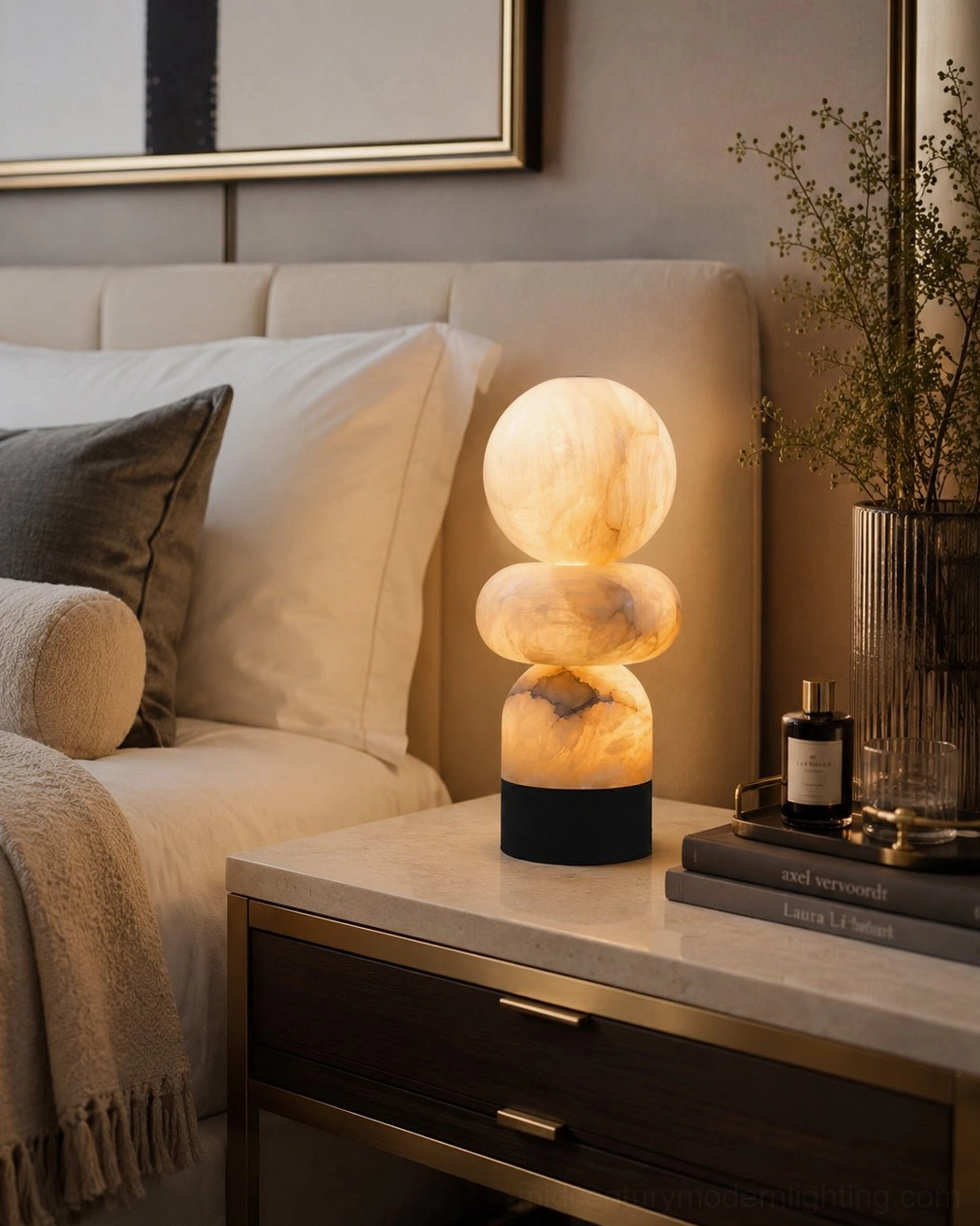 Orso natural alabaster lamp architectural form and geometric stacking pattern