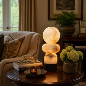 Orso alabaster table lamp glowing in modern living room on side table with sofa