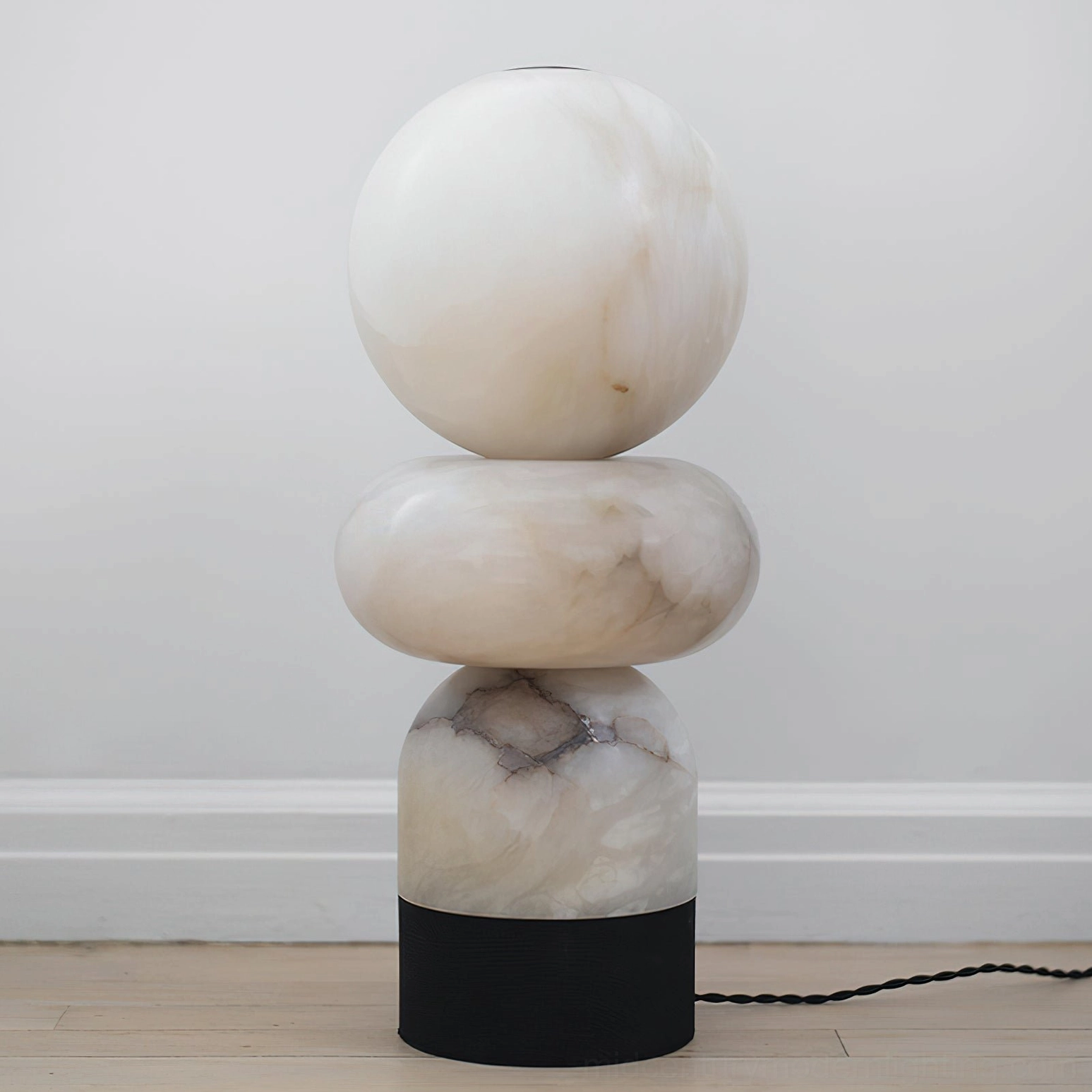 Orso alabaster table lamp unlit showing natural white stone and power cord