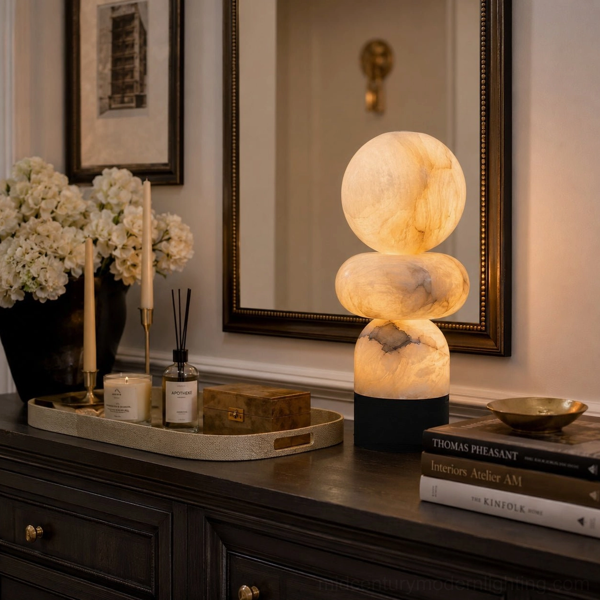 Orso alabaster lamp on vintage vanity console with mirror and decorative items