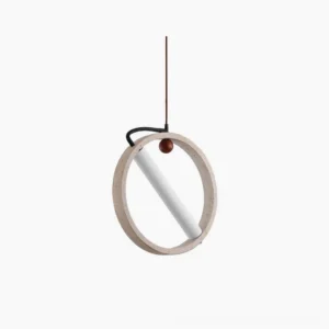 Orvion minimalist travertine ring pendant light front view showing hollow circular stone frame with suspended LED core
