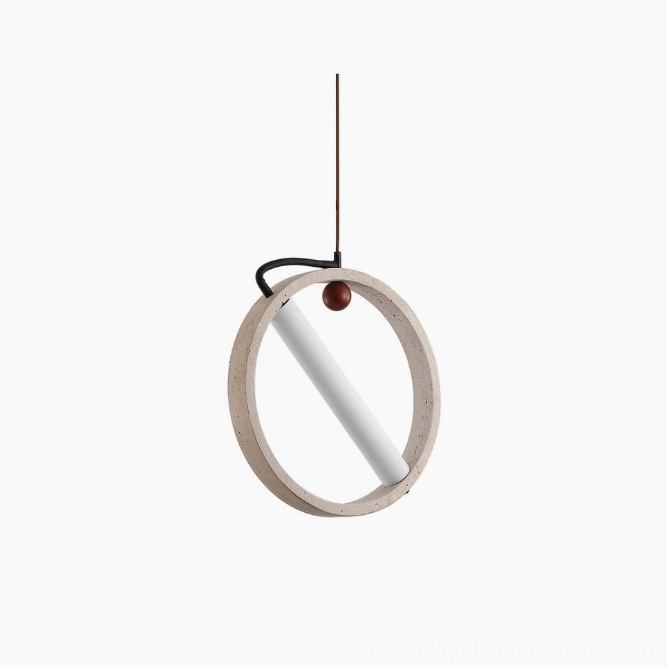 Orvion minimalist travertine ring pendant light front view showing hollow circular stone frame with suspended LED core
