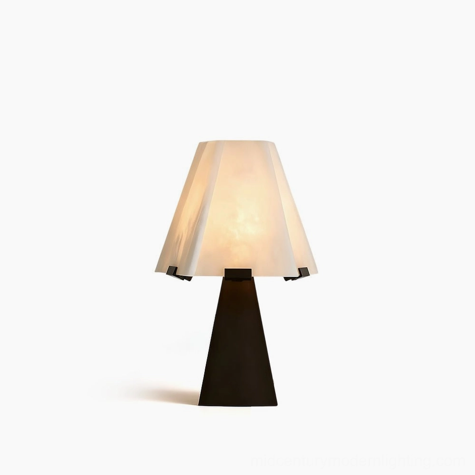 Osen alabaster modern table lamp front studio view with pleated hand-carved shade and dark metal tapered base
