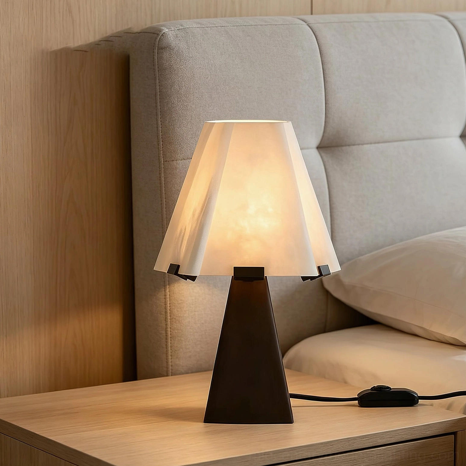 Osen sculptural table lamp on bedroom nightstand with tufted headboard creating warm ambient glow