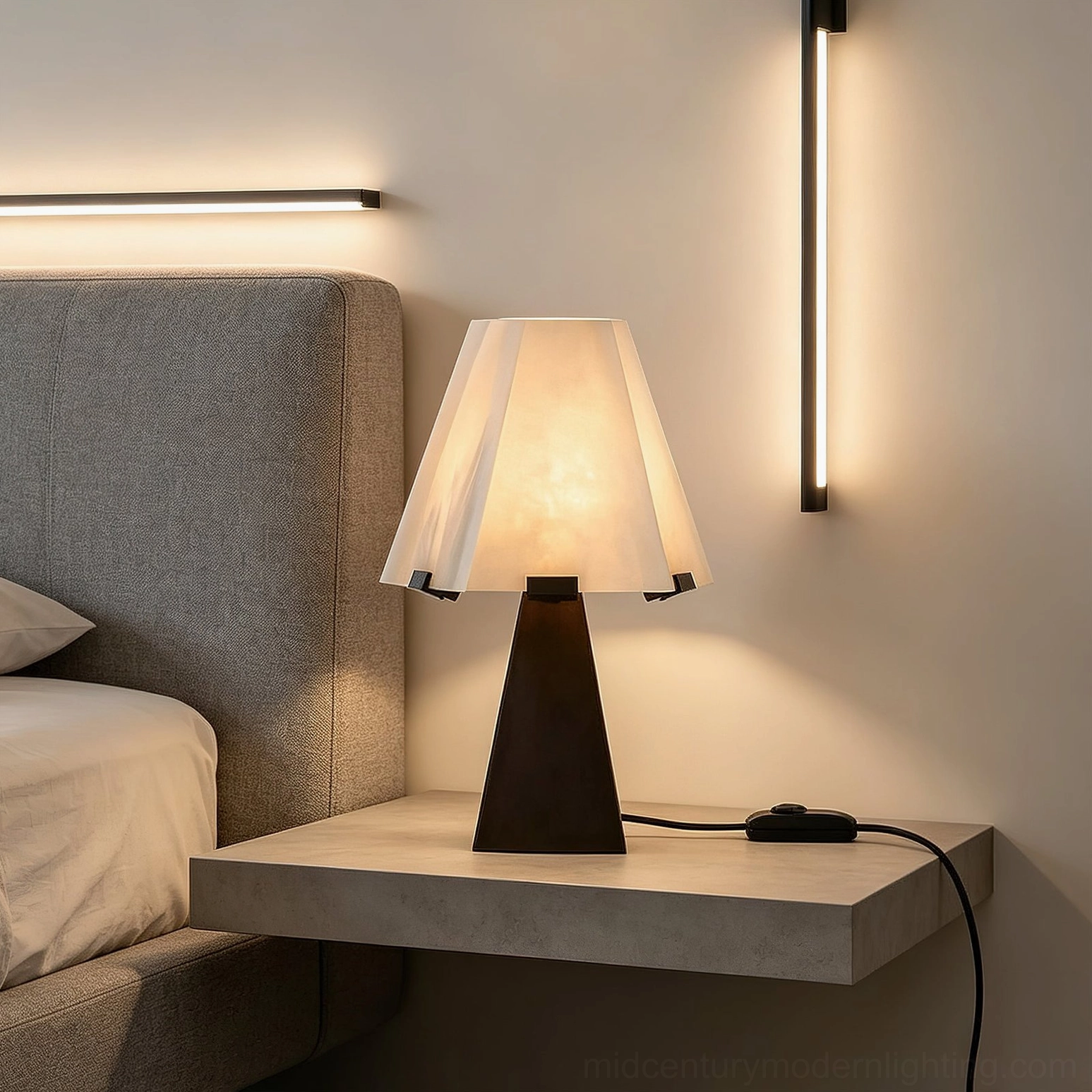 Osen sculptural lamp on floating bedside shelf with wall sconce and concrete nightstand