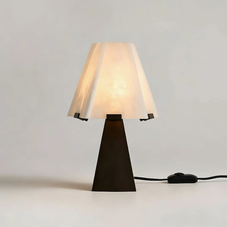 Osen alabaster modern table lamp illuminated showing warm glow through pleated carved shade