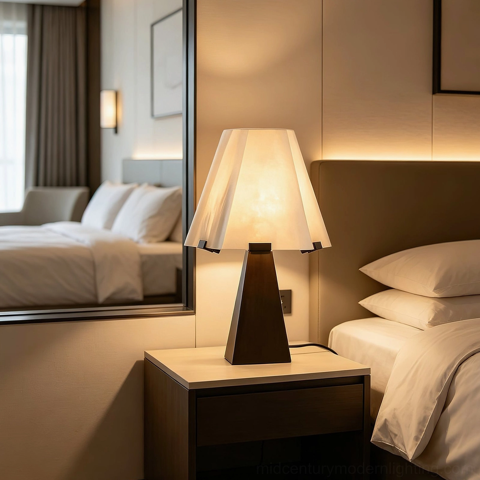 Osen modern table lamp reflected in mirror on hotel nightstand with warm illumination