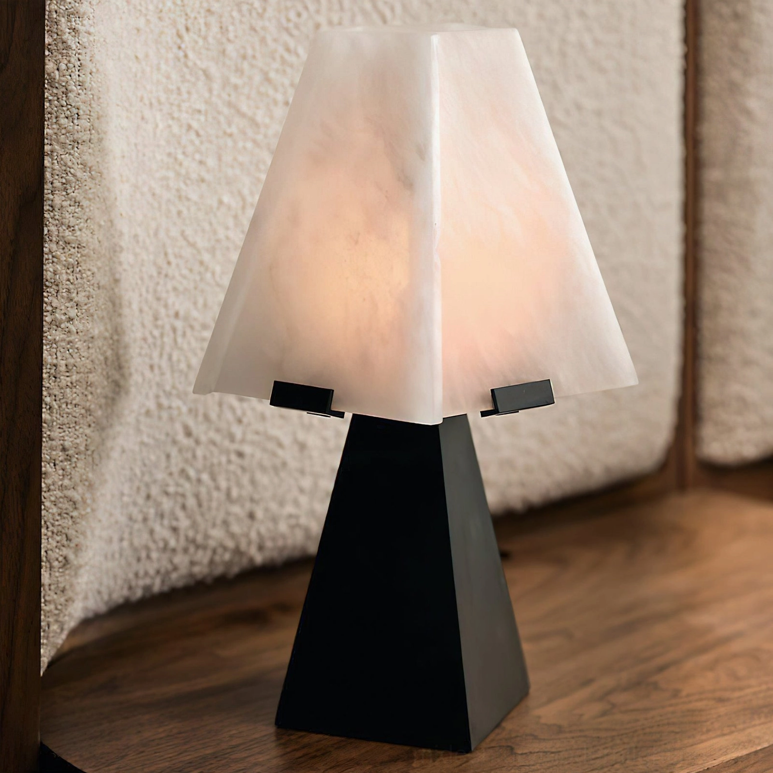 Osen alabaster table lamp side view showing textured pleated translucent shade and metal base