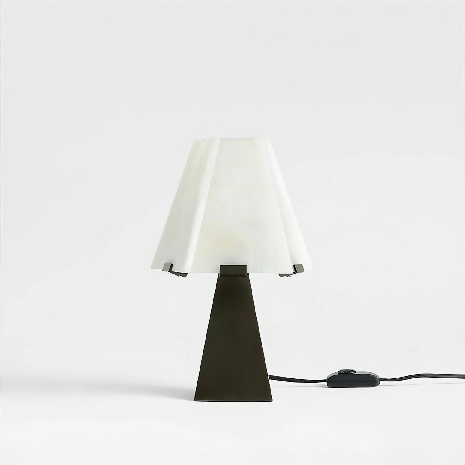 Osen white alabaster table lamp unlit front view with dark tapered base on white background