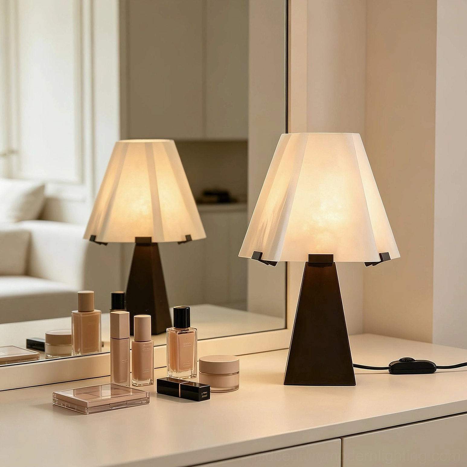 Osen table lamp on modern vanity with beauty products and minimalist interior decor