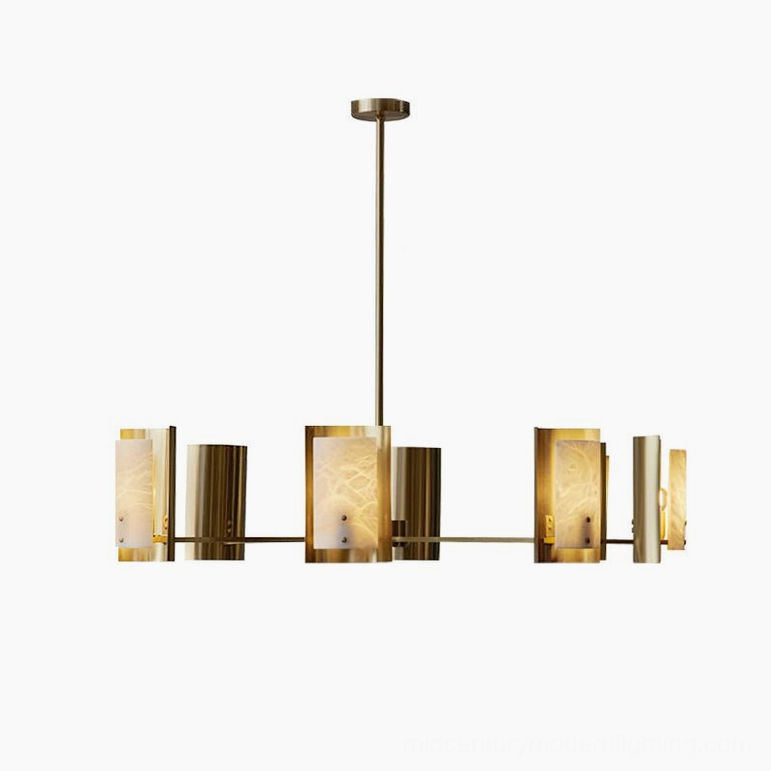 Osman 6-light alabaster linear chandelier, compact brushed brass frame with hand-selected Spanish alabaster shades, mid-century modern design