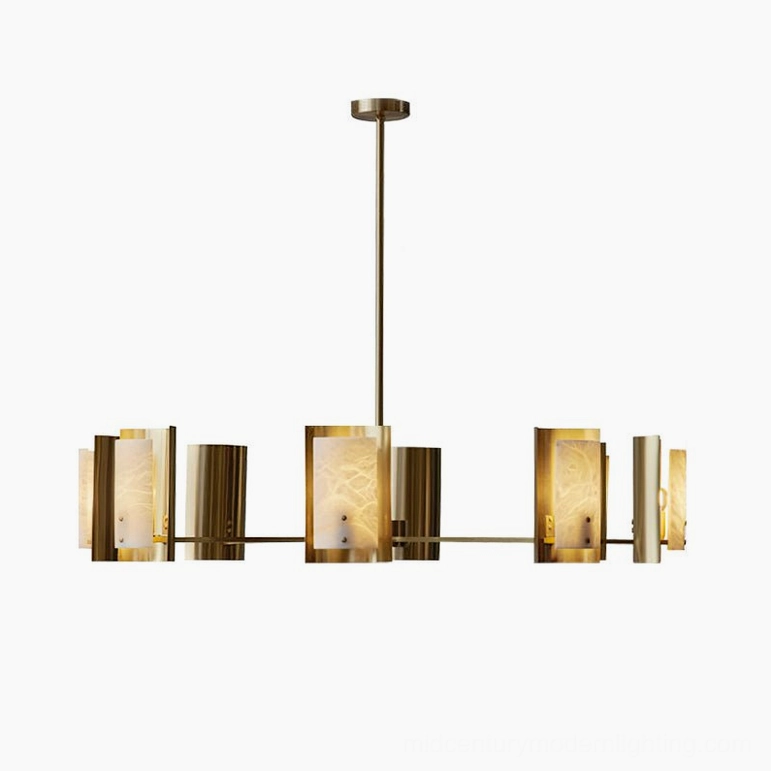 Osman 8-light alabaster linear chandelier, extended brass frame configuration, luxury ceiling fixture with translucent stone panels