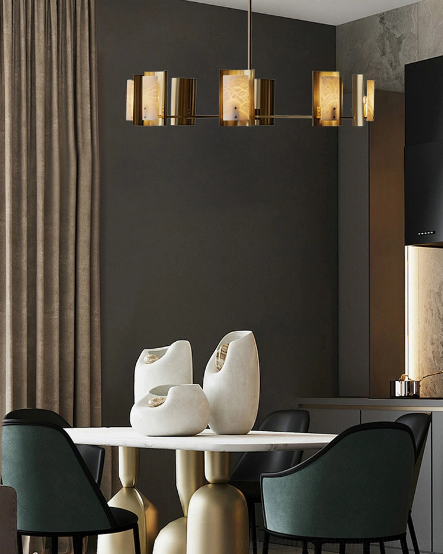 Modern luxury dining room with Osman alabaster chandelier, contemporary interior design with linear fixture over dining table