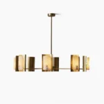 Osman alabaster linear chandelier frontal view, brushed brass frame with hand-selected Spanish alabaster panels, mid-century modern luxury lighting design
