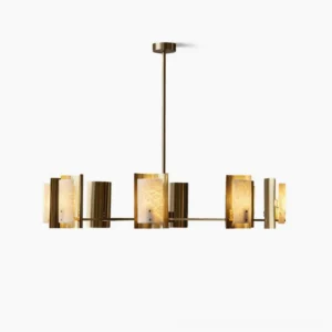 Osman alabaster linear chandelier frontal view, brushed brass frame with hand-selected Spanish alabaster panels, mid-century modern luxury lighting design