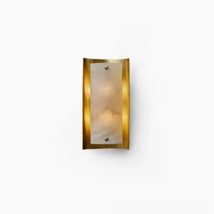 Osman Alabaster Wall Sconce with brass frame and natural white stone panel, front minimalist view on pure white background