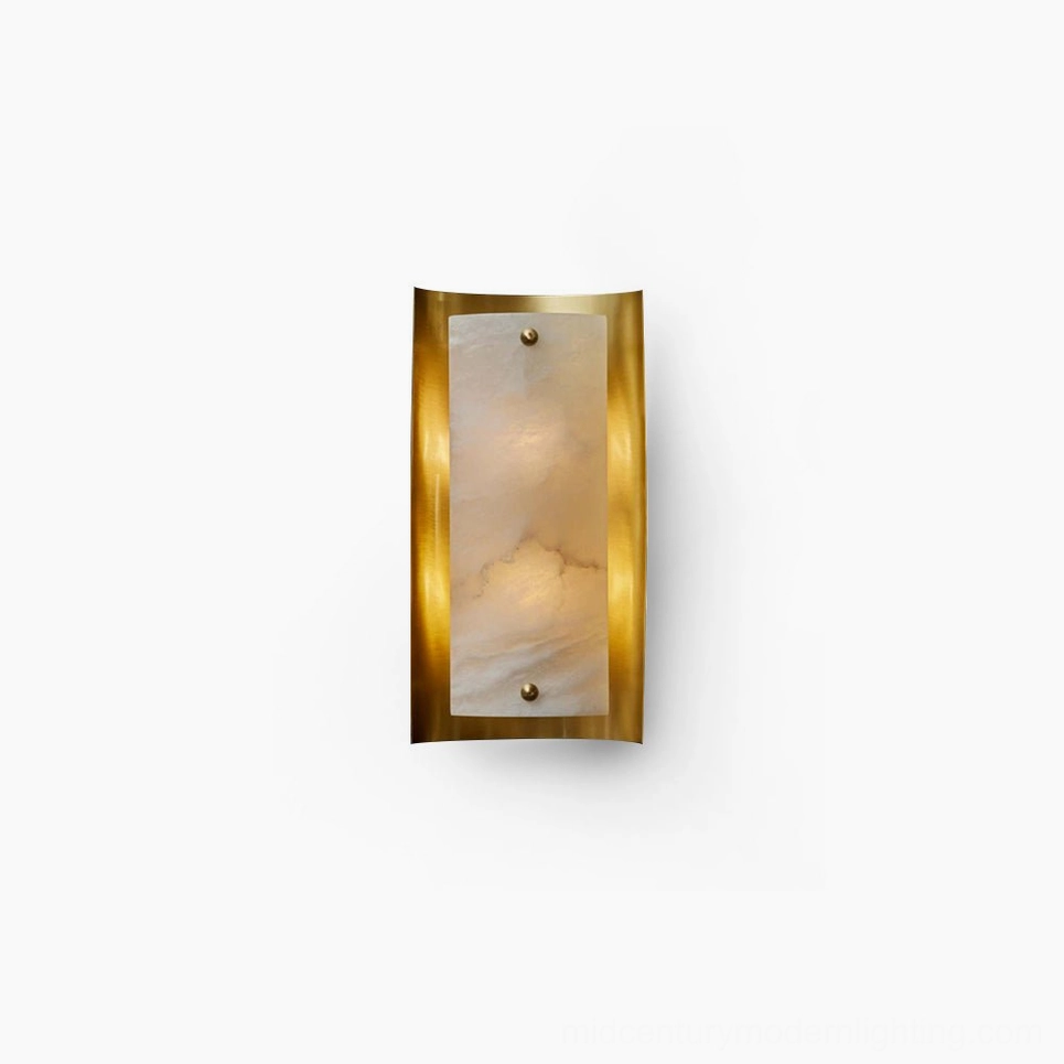 Osman Alabaster Wall Sconce with brass frame and natural white stone panel, front minimalist view on pure white background