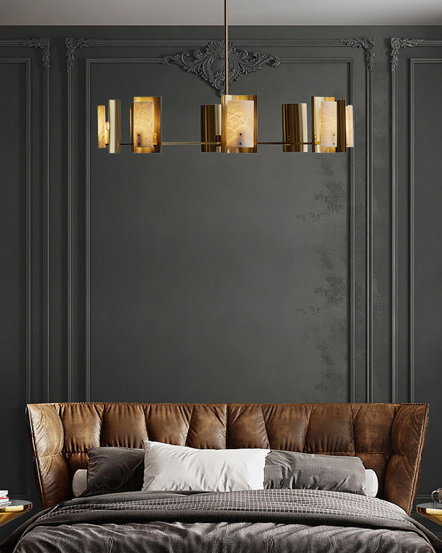 Osman alabaster brass chandelier in luxury bedroom, suspended over tufted leather headboard, ambient lighting accent