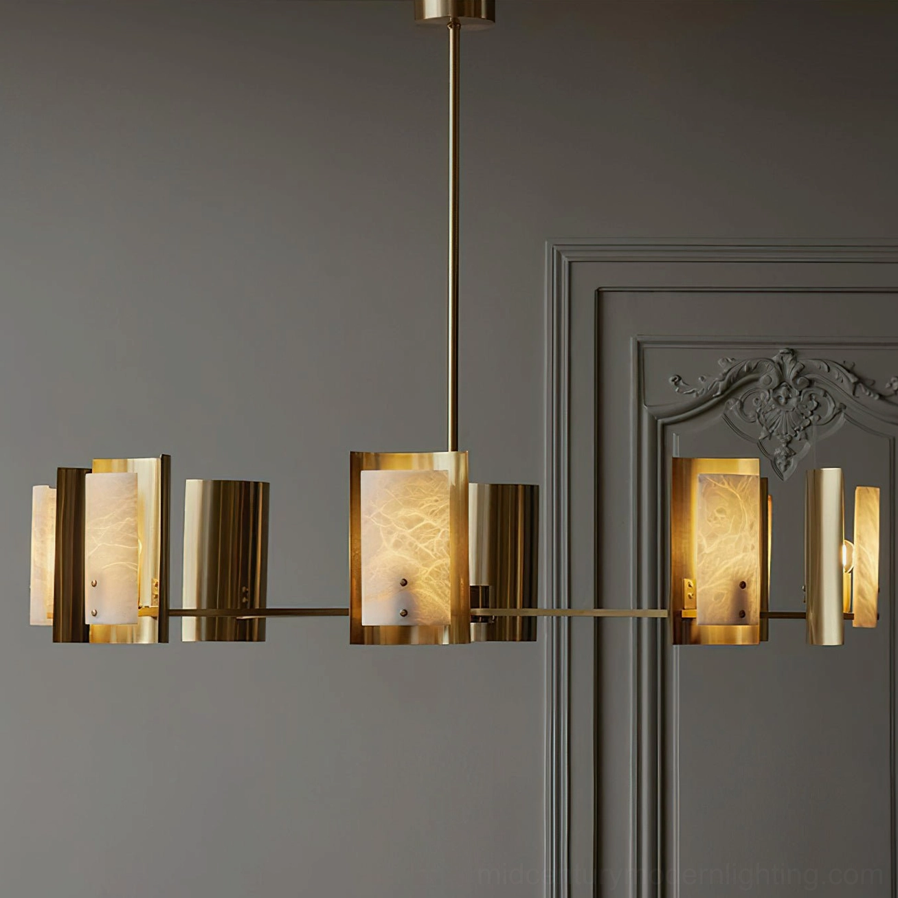 Osman alabaster chandelier in classic interior, neoclassical architectural panels with brushed brass framework, side frontal perspective