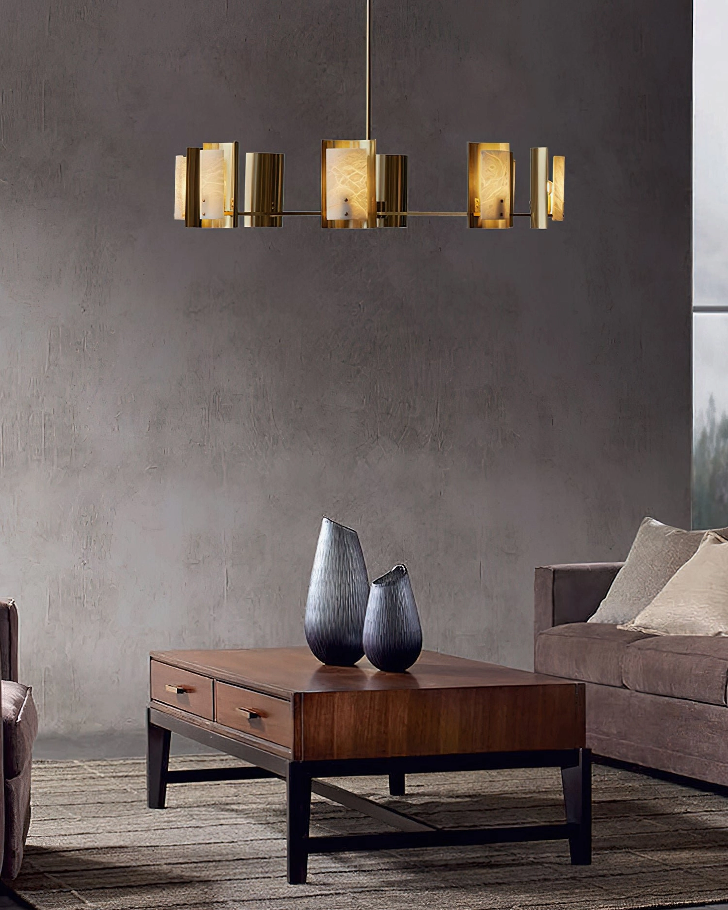 Contemporary living room with Osman linear alabaster chandelier, minimalist luxury interior design with modern furnishings