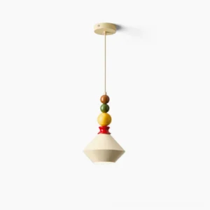 Otello stacked sphere pendant light with cream conical shade and colorful wooden beads in studio view